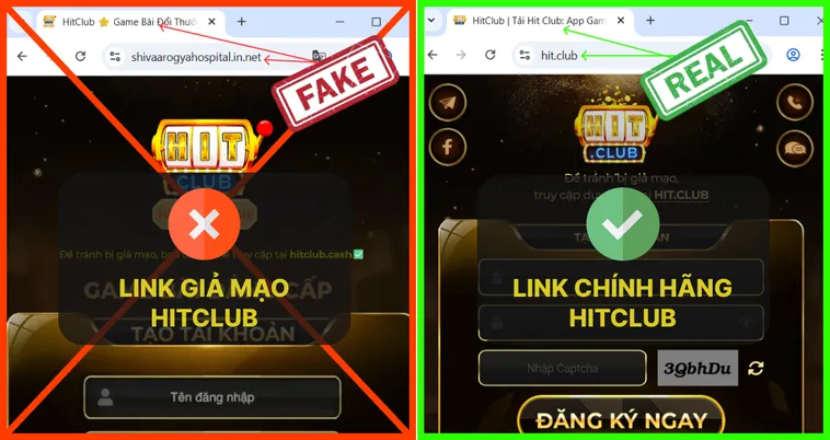 Link thật Hit.Club có favicon và logo chuẩn trên trình duyệt, còn link giả Hit.Club thiếu biểu tượng hoặc dùng logo mờ.