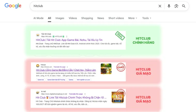 Link thật Hit.Club luôn có định dạng chuẩn https://www.hit.club, còn link giả Hit.Club thường thêm ký tự lạ, số hoặc tên miền phụ.